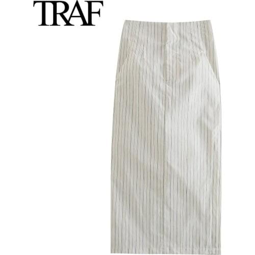 Traf Za Women Clothing 2021 Chic Office High Waist Medium Length Skirts Vintage Sexy French Fashion Striped Midi Skirt