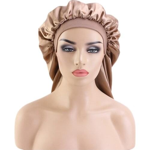 Women Wide Band Satin Sleep Night Cap Solid Color Long Tube Bonnet Beauty Hair Care Cap Hair Loss Wraps Ladies Headwear Baggy