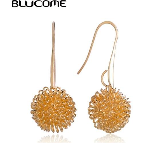 Blucome Exquisite Hollow Flower Ball Shape Drop Pendant Earring Gold Color Jewelry For Women Girl Daily Party Birthday Accessory