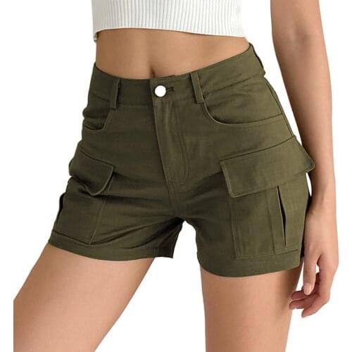 Female Shorts, Solid Color High Waist Short Straight-Leg Pants with Pockets for Adults Women, Khaki/Army Green, S/M/L