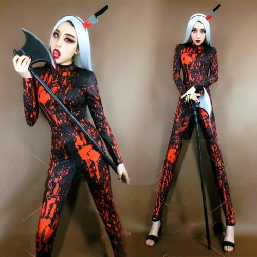 Halloween Cosplay Show Jazz Costume Vampire Bar Party Red Bloody DS Jumpsuit Stage Outfit Festival Performance Wear DNV13112
