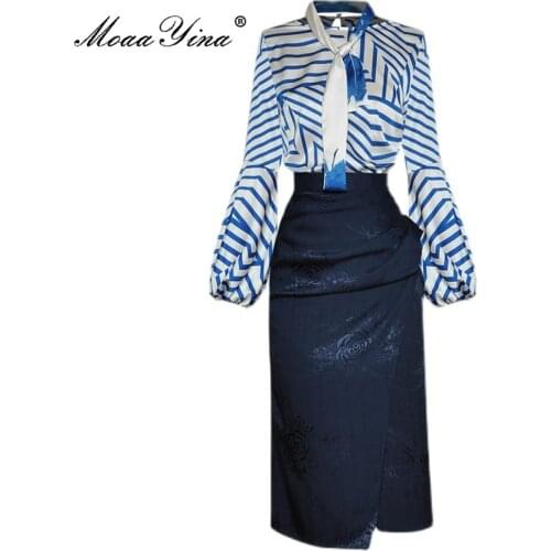 MoaaYina 2021 Fashion Designer Summer Office Skirts Suit Womens Long sleeve Stripe Tops and Slim Midi Skirts 2 Pieces Set