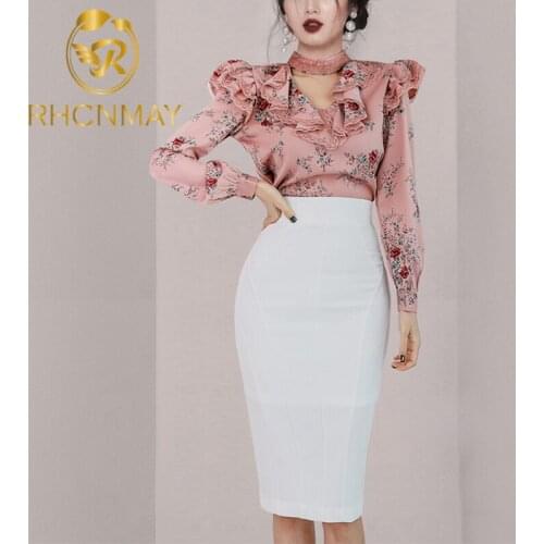 Womens New Two Piece 2021 Spring Dress Korean version Slim Rose Print Shirt Long Sleeve Top Fashion Solid Color Skirt Suit