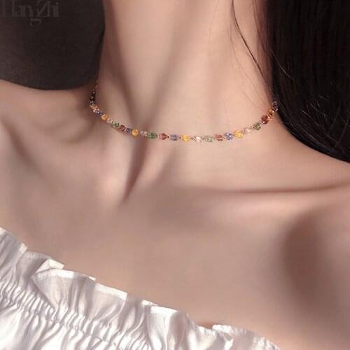 HangZhi 2020 New Japan Korea Colorful Small Transparent Crystal Square Beaded Necklace Short Choker for Women Holiday Jewelry
