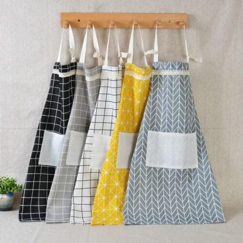 50pcs Cotton Linen Plaid Lace Apron Korea Adjustable Kitchen Cooking Apron Unisex Sleeveless Apron with Pockets W9852