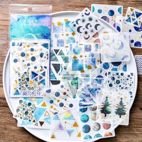 60pcs /Pack Watercolored Starry Planets Golden Stamping Stickers DIY Hand Account Decor Sticker