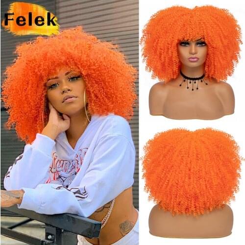 Short Hair Afro Kinky Curly Wigs With Bangs For Black Women Natural Synthetic Ombre Glueless Blonde Pink Red Cosplay Bob Wigs