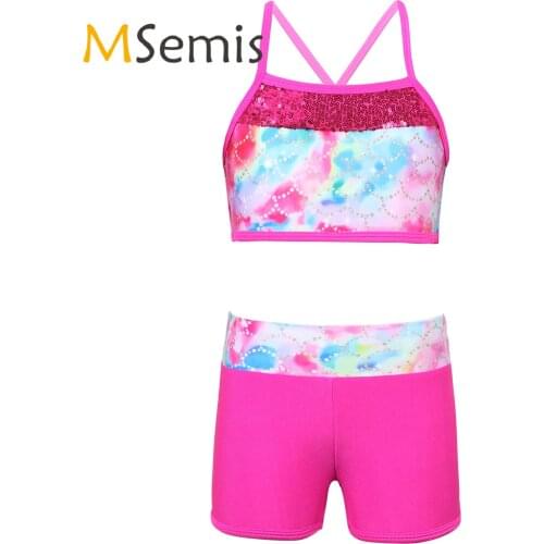 Kids Girls Tankini Swimsuit Gymnastics Two Pieces Swimwear Outfit Sequins Mermaid Tank Top with Shorts Childrens Swimming Suit