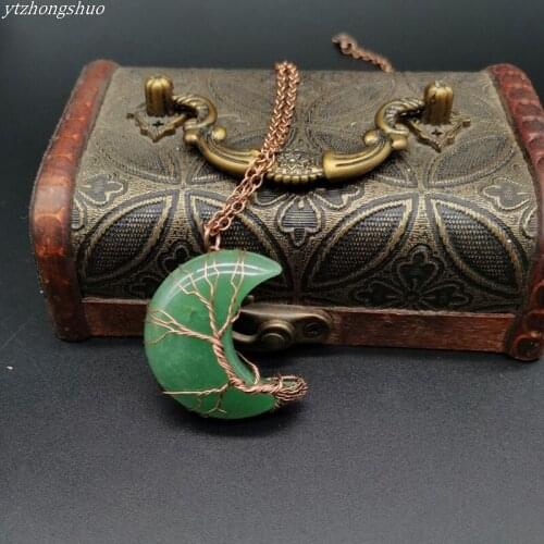 Life Tree Crescent Moon Shape Pendant Silvertone Wire Wrap Natural Gemstones Healing Crystal Women Necklace