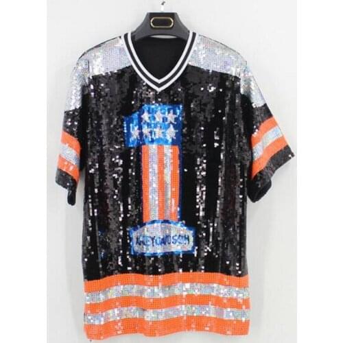 H80&S90 Sexy Women V-Neck Sequin T-Shirt Hip-Hop Top Dress Casual Street Hip-Hop Loose Letter Lilac Orange Long Tee