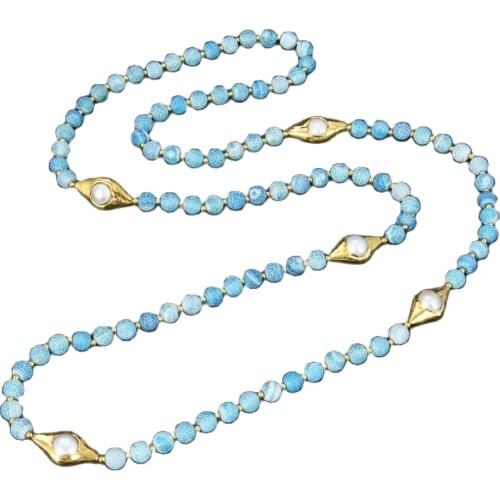 GG Jewelry 40" Blue Frosted Agate 24 K Golden Plated Pearl Connector Necklace