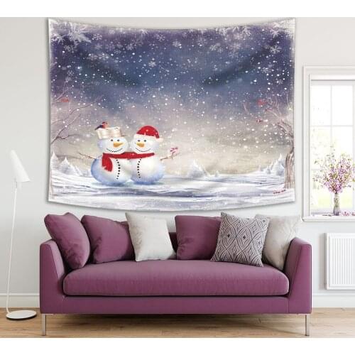 Tapestry Christmas Theme with Snowflakes Happy Snowmen Trees Snowy Winter Night Landscape Red White Gray Cartoon Art