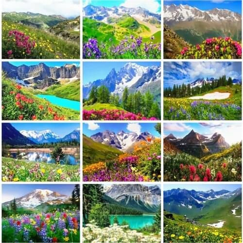 Huacan Diamond Painting Spring Natural Landscape Home Art Diamond Embroidery Mountain Flowers Wall Decor