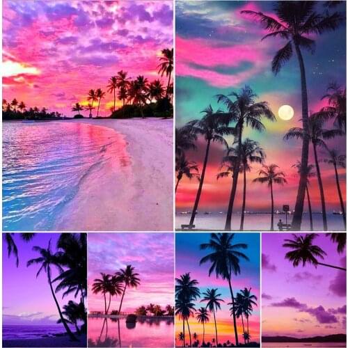 5D DIY Diamond Painting Sunset Becah Landscape Cross Stitch Kit Full Drill Embroidery Mosaic Art Picture of Rhinestones Decor