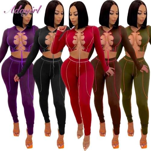Fitness Two Piece Matching Sets women causal lace up hollow out Long Sleeve Crop Tops leggings sweatpants suit outfit tracksuit