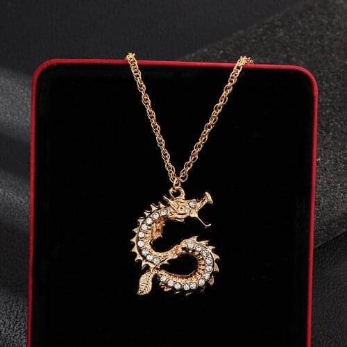 Personality Gold Dragon Pendant Necklace Inlaid Crystal Chinese Style Luck Necklace Party Jewelry Women Men New Year Gift
