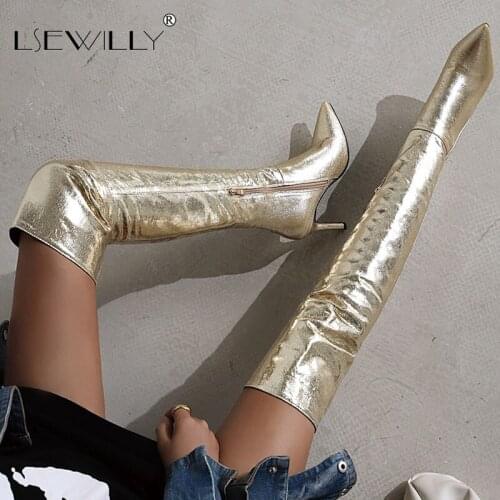 Lsewilly Sexy Women Thigh High Boots Stiletto Heels Gold Silver Pointed Toe Party Nightclub Catwalk Show Over The Knee Boot