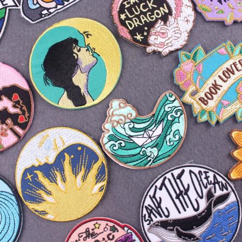 Cartoon Whale Patches Wildreness Embroidery Patches For Clothes Iron On Patches For Clothing DIY Stripes Mountain Wave Stickers