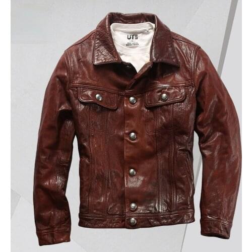 Sheepskin Genuine Leather Clothes Mens Washed Pleated American Casual Denim Leather Jacket men jacket