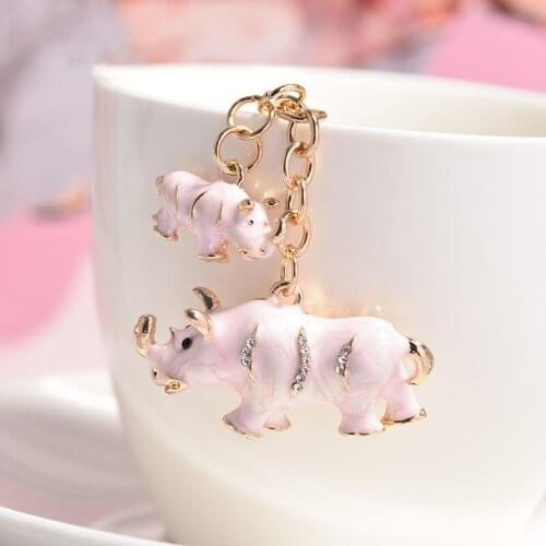 RE New crystal double rhinoceros novelty animal keychain purse bag buckle handbag pendant for car keyring holder women R45