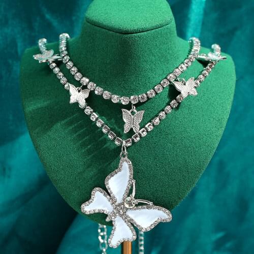 Caraquet 3 Color Enamel Butterfly Pendant Necklace Female Multilayer Shine Crystal Tennis Chain Choker Necklace Hip Hop Jewelry