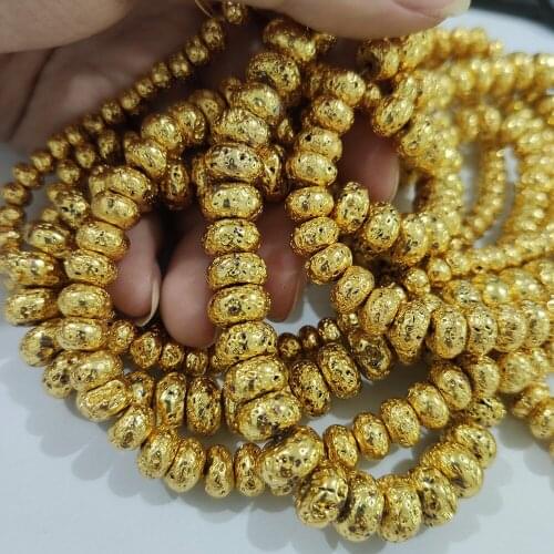 BTFBES 18 Gold Flat Round Lava Beads 6 8 10mm Natural Volcanic Rock Stone Loose Bead for DIY Jewelry Bracelet Making accessories