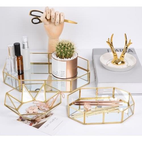 Retro Brass Storage Tray Golden Polygon Glass Makeup Organizer Tray Dessert Snack Plate Home Kitchen Decor Jewelry Display Stand