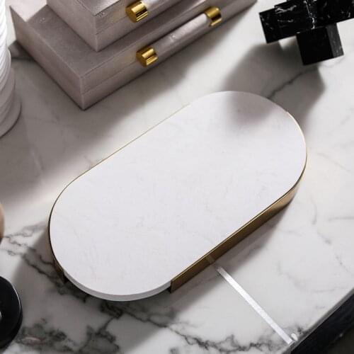 Luxtry White Oval Marble Tray Model Room Soft Decor Accessories Modern Home Coffee Table Decor Ornament Bathroom Storage Tray
