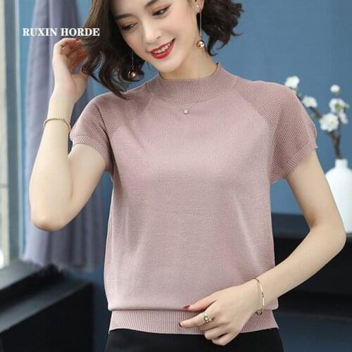Ice Silk Knitwear Tops Short Sleeve Thin Half High Collar Brief Paragraph Pure Color Sweater-Shirt 2021 Summer Women Clothing