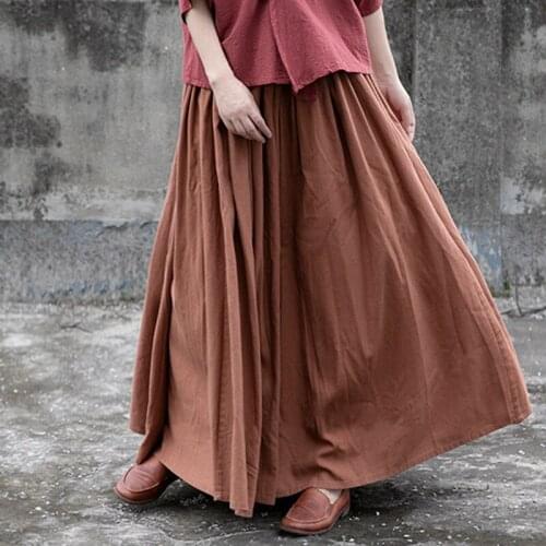 Johnature Women Ramie Elastic Waist Skirts Solid Color Autumn Vintage Clothes Soft 2021 New Fall Female Pleated Loose Skirts