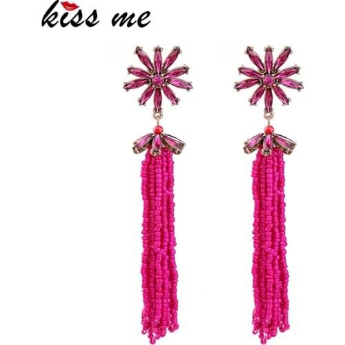 KISS ME Women Long Earrings Trendy Fashion Rose Red Acrylic Beads Flower Drop Earrings Women Bijoux