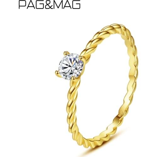 PAG&MAG Minimalist Twisted Clear Zircon Finger Rings for Women 925 Sterling Silver Ring 14K Gold Platling Jewelry Gifts