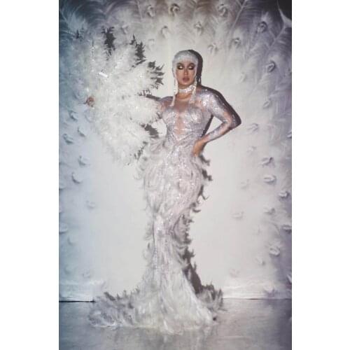 Feather Dresses for Women White Floor-length Tail Wedding Dress Elegant Celebrate Evening Party Outfits Singer Stage Costumes