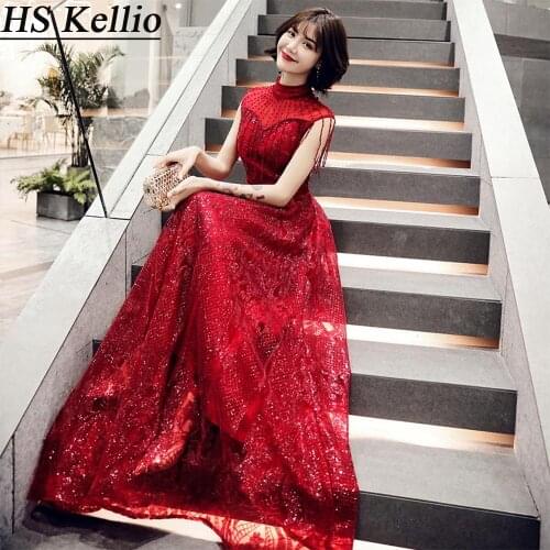 HS Kellio Red Prom Dresses Mermaid High Collar Stage Miss Dress Bling Bling Fashion Celebrity Gown Trumpet