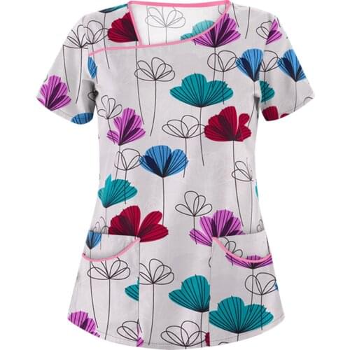 Women Blouse Fashion Flower Print Fashion Short Sleeve Neck Tops Working Uniform Blouse Shirt Blouse Nurse Uniform Scrubs Top