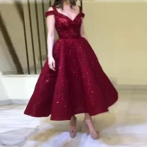 Burgundy Sparkly Prom Dresses Saudi Arabia Off The Shoulder Ankle Length Evening Gowns Dubai Robe De Soiree Formal Party Dress