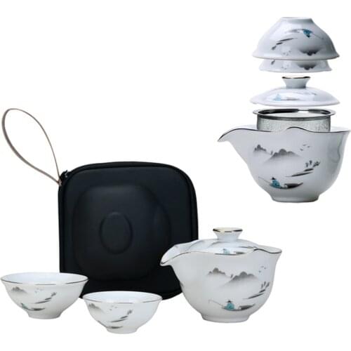 Tea sets white ceramic teapots gaiwan teacups chinese teaware portable travel tea set with travel bag gift puer Drinkware