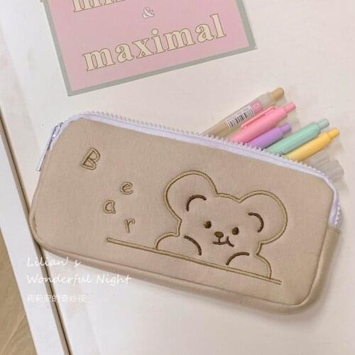 Bear Pencil Case Student Stationery Pencil Bag Cute Large Capacity Cute Canvas Soft Leather Storage Bag Kawaii School Supplies