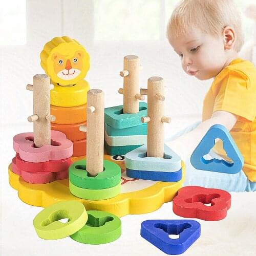 Kids Baby Early Education Wooden Puzzle Shape Matching Color Stacking Toys Blocks Cognitive Geometry Column Toys Building Blocks