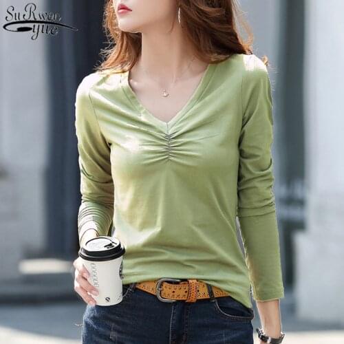 Cotton V-neck Solid Color T-Shirt Womens Long Sleeve Autumn Clothes Korean Office Lady Style Slim Plus Shirts Top Female 10638