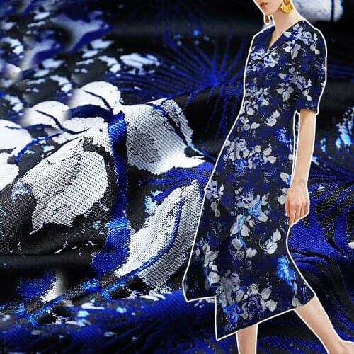 HLQON new arrival gold line yarn dyed brocade jacquard blue printed fabric for dress women clothing tissue patchwork 145cm width