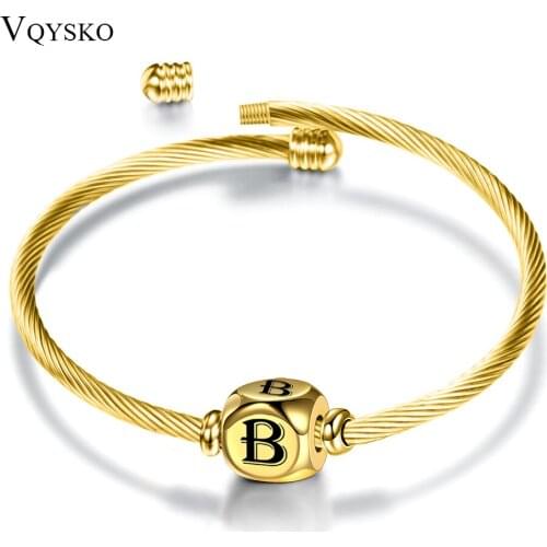 Fashion square Charm Bangle With Initial Alphabet Letter Engrave Stainless steel Women Girls Jewelry Twiste Cable Cuff Bangles