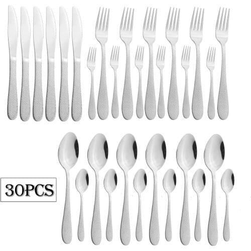 Silver Dinnerware Set 30Pcs Stainless Steel Flatware Dinner Knife Fork Spoon Tableware Set Dessert Cake Fork Cutlery Set Kitchen