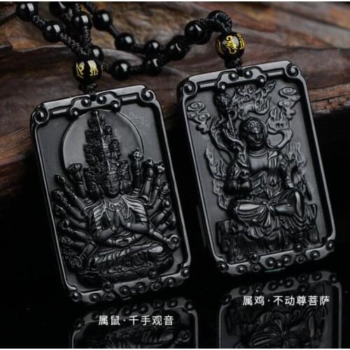 Natural obsidian square brand Buddha pendant eight guardian angel necklace wholesale mens and womens necklace Fine jewelry
