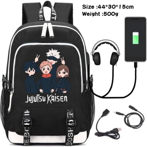 Jujutsu Kaisen Casual USB Charging Canvas Headphone Backpack Travel Laptop Bag Cartoon Teenager Zip Schoolbag Student Packsack