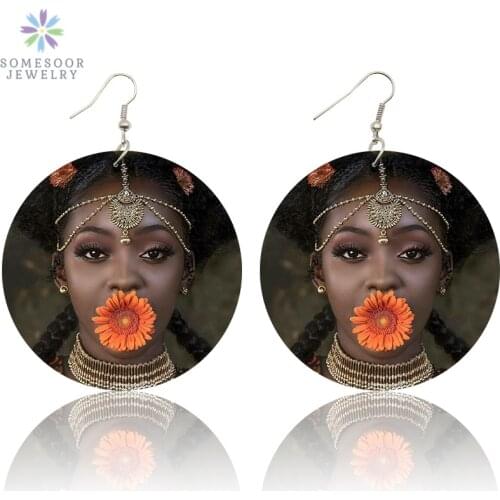 SOMESOOR Flat Round Both Sides Painting Earrings African Flower Beauty Black Woman Natural Hair Afro Photos Wood Jewelry Gifts