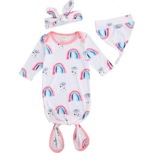 Newborn Baby Long Sleeve Sleeping Bag Set Cute Rainbow Print Sleeping Bag + Hat + Headband Set Newborn Cotton Bedding Wear