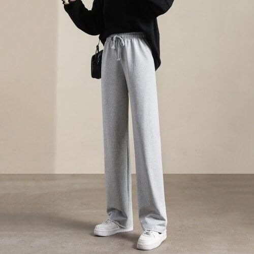 Spring Women Korean Wide Leg Floor-Length Sweatpants Black Plain All-Match High Waist Loose Casual Elastic Waist Straight Pant