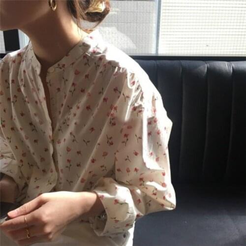 Womens Spring Summer Cotton Floral Blouses Ladies Tops Stand Collar Single Breasted Shirt Loose Plus Size White Camiseta Mujer