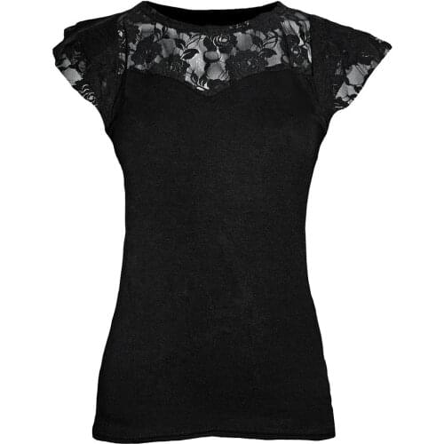 Women Goth Lace Short Sleeve Basic Tee Shirts Women Y2K Summer Clothes Casual Skinny Black Punk T-shirts Lady O-neck Tshirt Tops